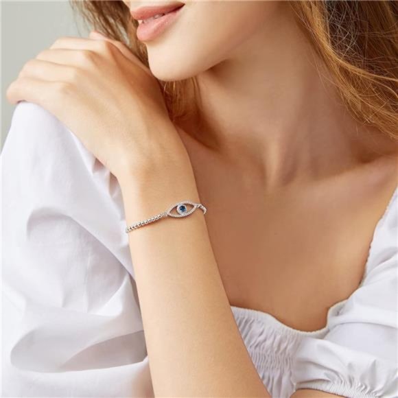 Guardian Gaze: 18K Gold Plated Silver Evil Eye Bracelet - Picture 4 of 6